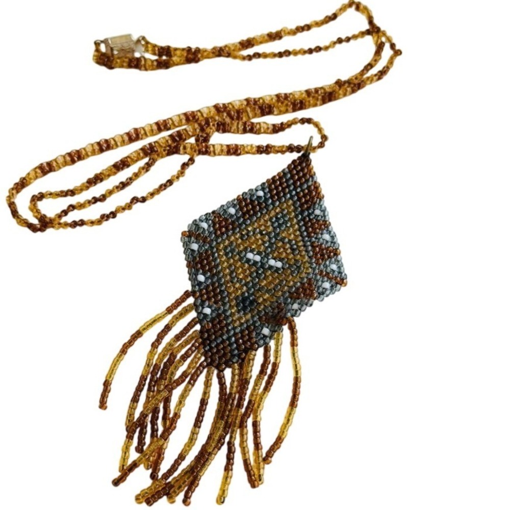 Navajo Glass Beads Necklace VTG Lizard Beaded Western Art Neutral colors 24"
